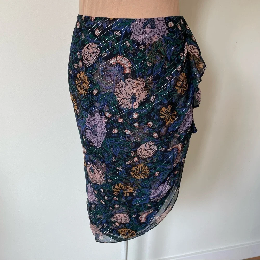 Veronica Beard Hazel Ruched Floral-Print Fil Coupé Silk-Metallic Skirt EUC Sz 4